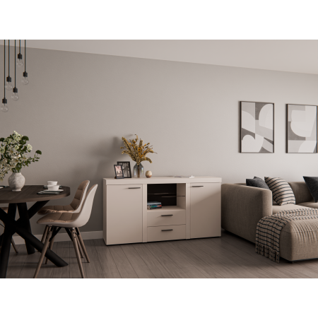 Komoda Ramon z szufladami Beż Piaskowy szklana półka 156 cm